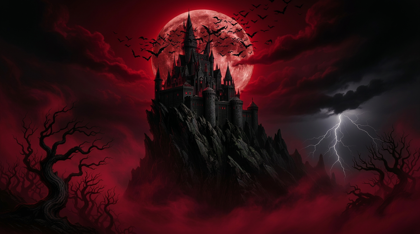 Crimson gothic castle under a blood moon